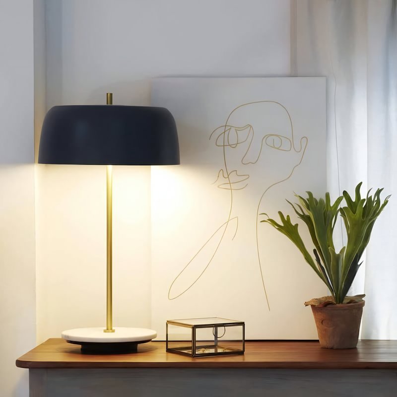 Lampe de bureau style rétro sur meuble en bois avec plante verte et tableau