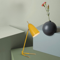 On voit sur un décor de cubes couleur vert d'eau une lampe moderne jaune et un vase en forme de boule noir avec une fleur rose dedans.