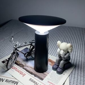 Sur une table grise on voit une lampe noire allumée sous cette lampe il y a un journal. A coté de cette lampe, il y a une figure vélo et une figurine éléphant.