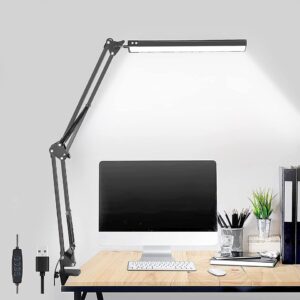 SUr un bureau on voit un ordinateur, un clavier, un pot à crayon et une plante à droite et à gauche une lampe de bureau à pince noire style industriel.