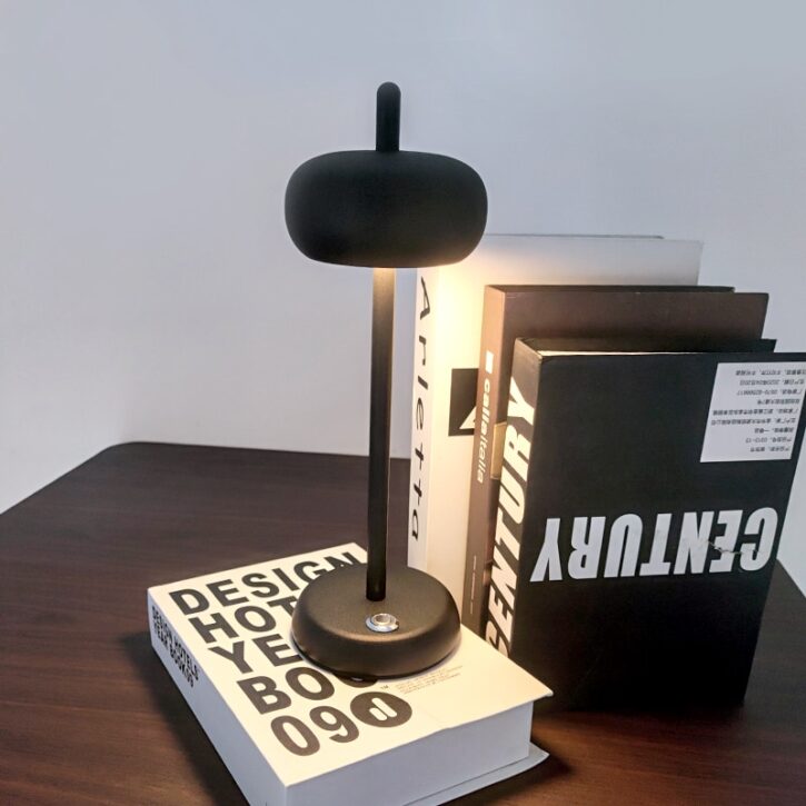 SUr une table noire on voit une lampe noire style industriel allumée posée sur un livre et à gauche trois livres posés sur la tranche.
